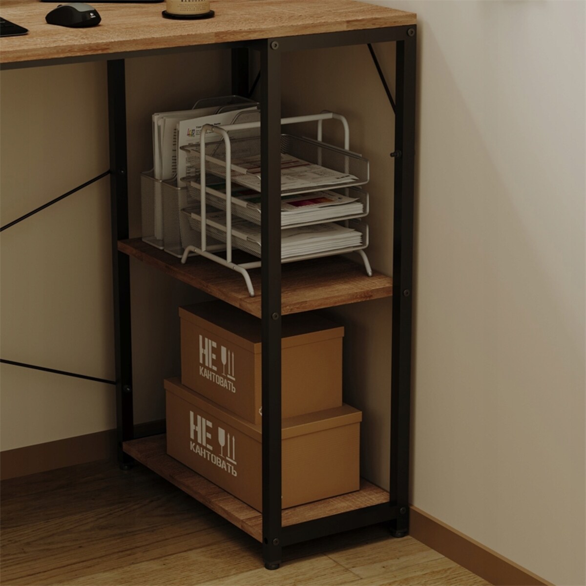 Biurko komputerowe stolik loft jasny brąz nowoczesne z półkami industrialne