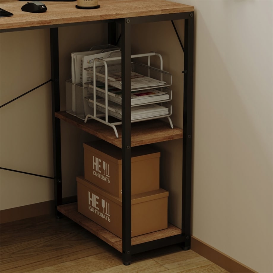 Biurko komputerowe stolik loft jasny brąz nowoczesne z półkami industrialne