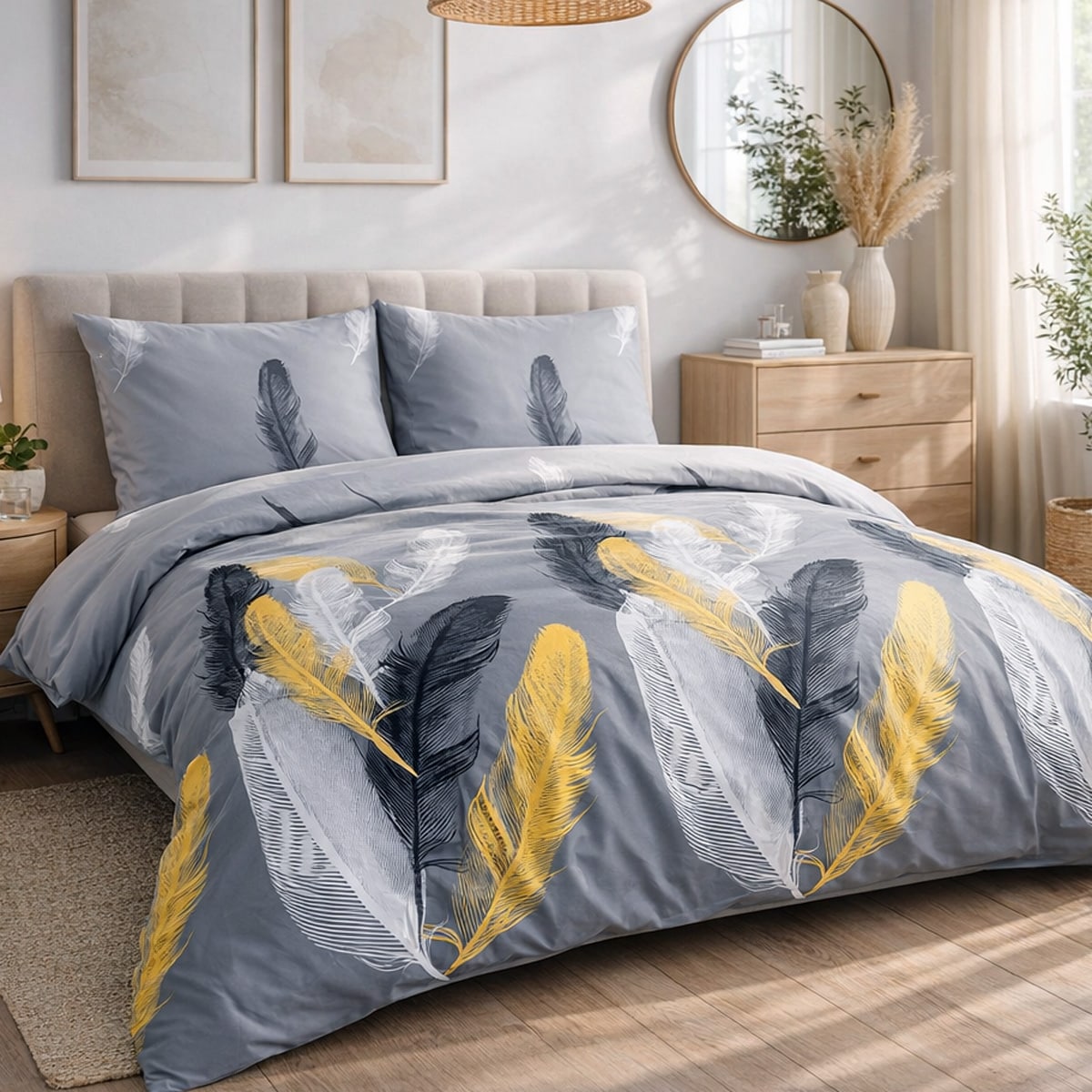 Pościel satyna bawełniana 140x200 Fevola białe i złote pióra na szarym tle, Satynlove