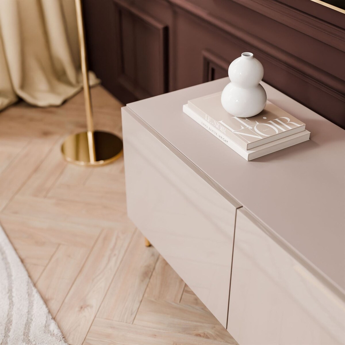 Szafka RTV COLGANTE 100 kaszmir wysoki połysk, oświetlenie LED, nóżki proste złote