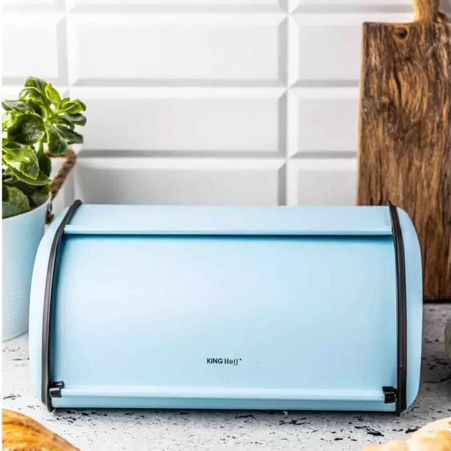 Chlebak stalowy mały 36cm niebieski matowy pojemnik na chleb pieczywo bułki KINGHOFF