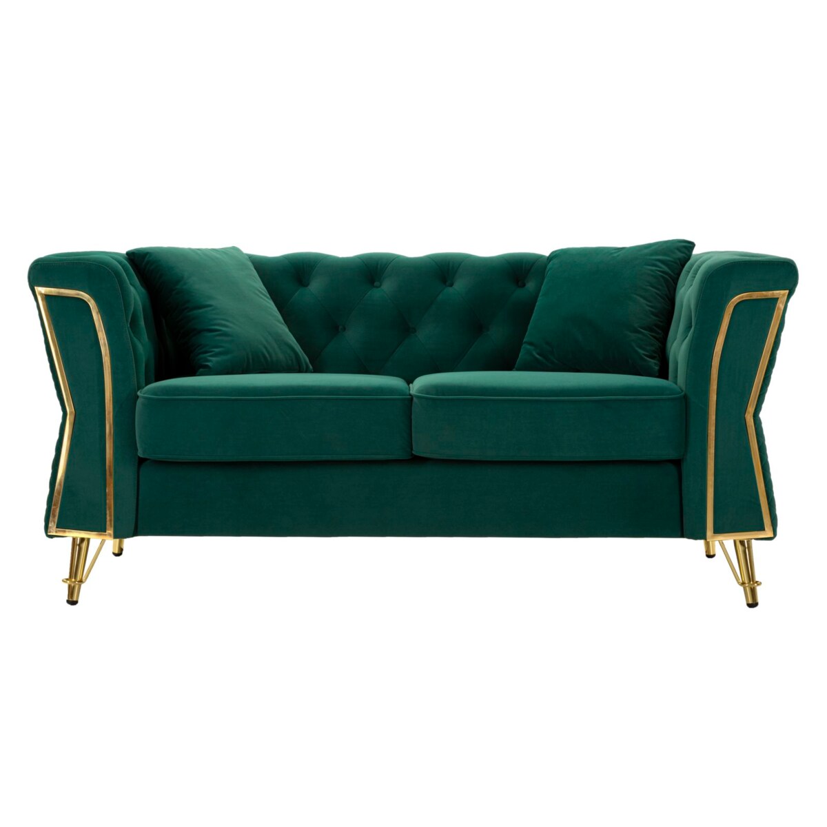 Sofa Emy, kolor zielony i złoty, poliester, drewno eukaliptusowe, drewno sosnowe, sklejka i metal, 162 x 83 x 76 cm, do salonu, Mauro Ferretti