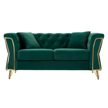 Sofa Emy, kolor zielony i złoty, poliester, drewno eukaliptusowe, drewno sosnowe, sklejka i metal, 162 x 83 x 76 cm, do salonu, Mauro Ferretti