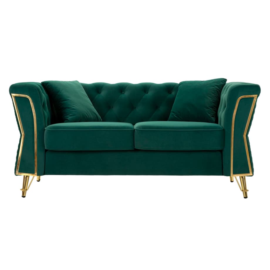Sofa Emy, kolor zielony i złoty, poliester, drewno eukaliptusowe, drewno sosnowe, sklejka i metal, 162 x 83 x 76 cm, do salonu, Mauro Ferretti