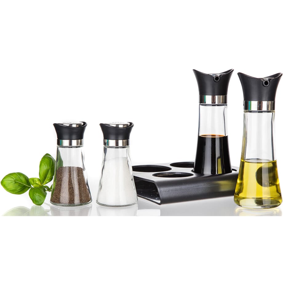 PRZYPRAWNIK na podstawce SOLNICZKA pojemnik na oliwę ocet 4w1 banquet box