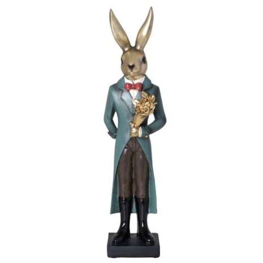 Dekoracja - złoty królik w zielonym płaszczu z bukietem w ręku 20x8x8 cm