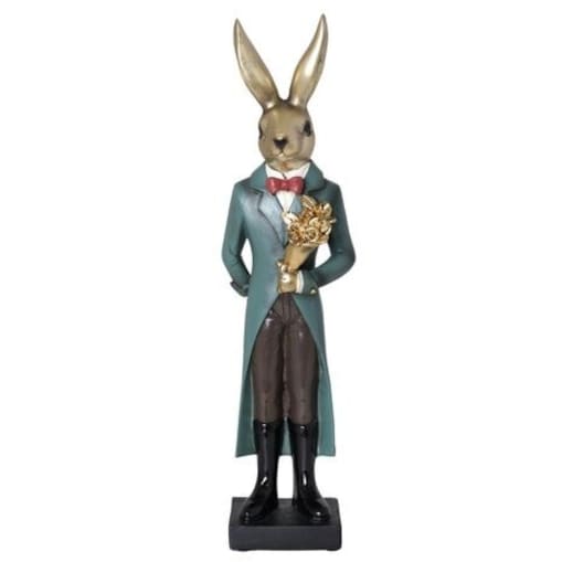 Dekoracja - złoty królik w zielonym płaszczu z bukietem w ręku 20x8x8 cm