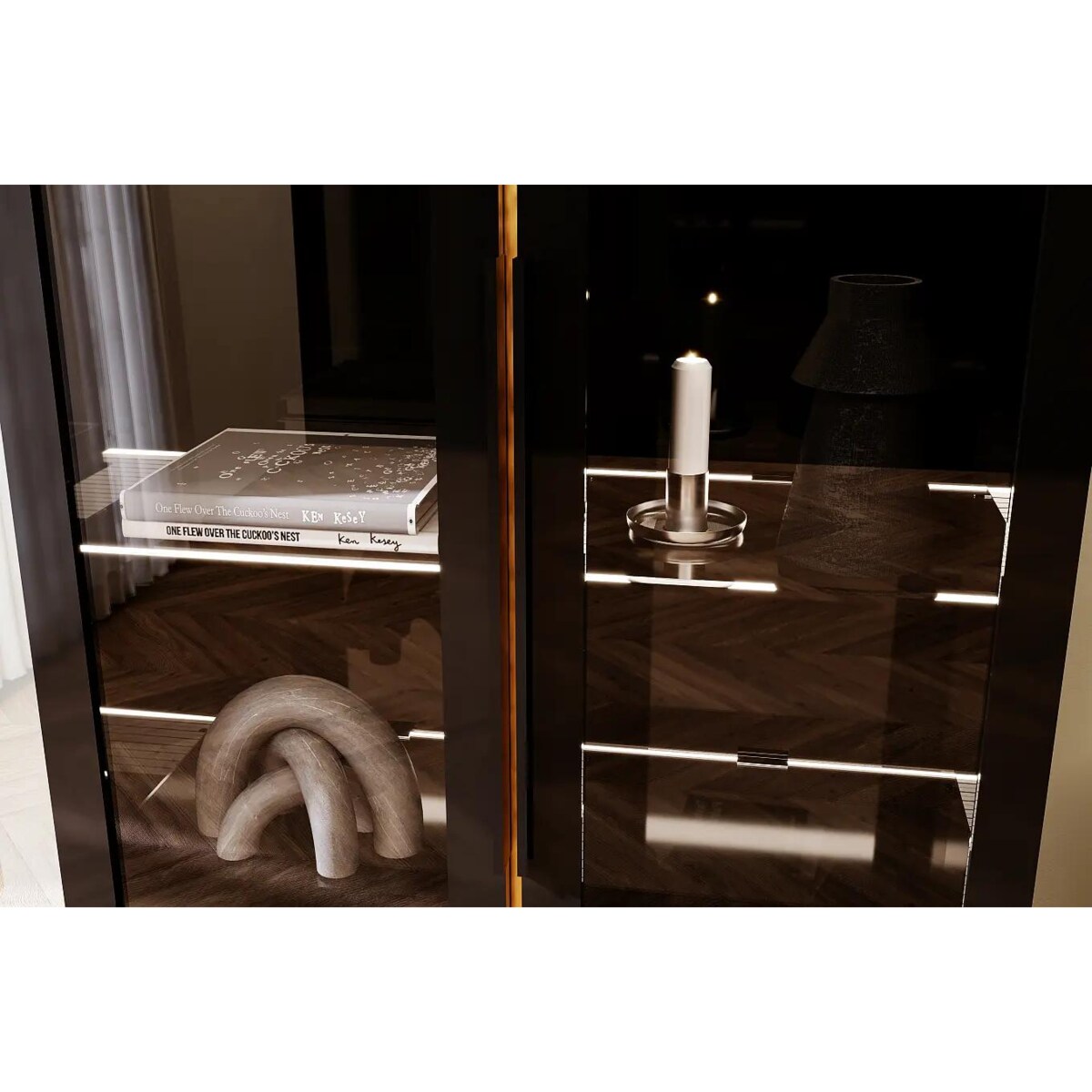 Elegancka czarna witryna Dancan ARTEMISA ze złotymi dodatkami