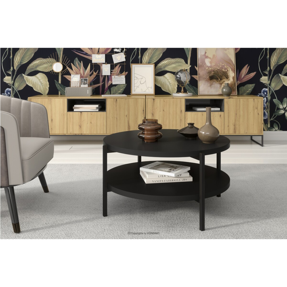 KONSIMO GERIS Stolik kawowy z półką w stylu loft, czarny mat