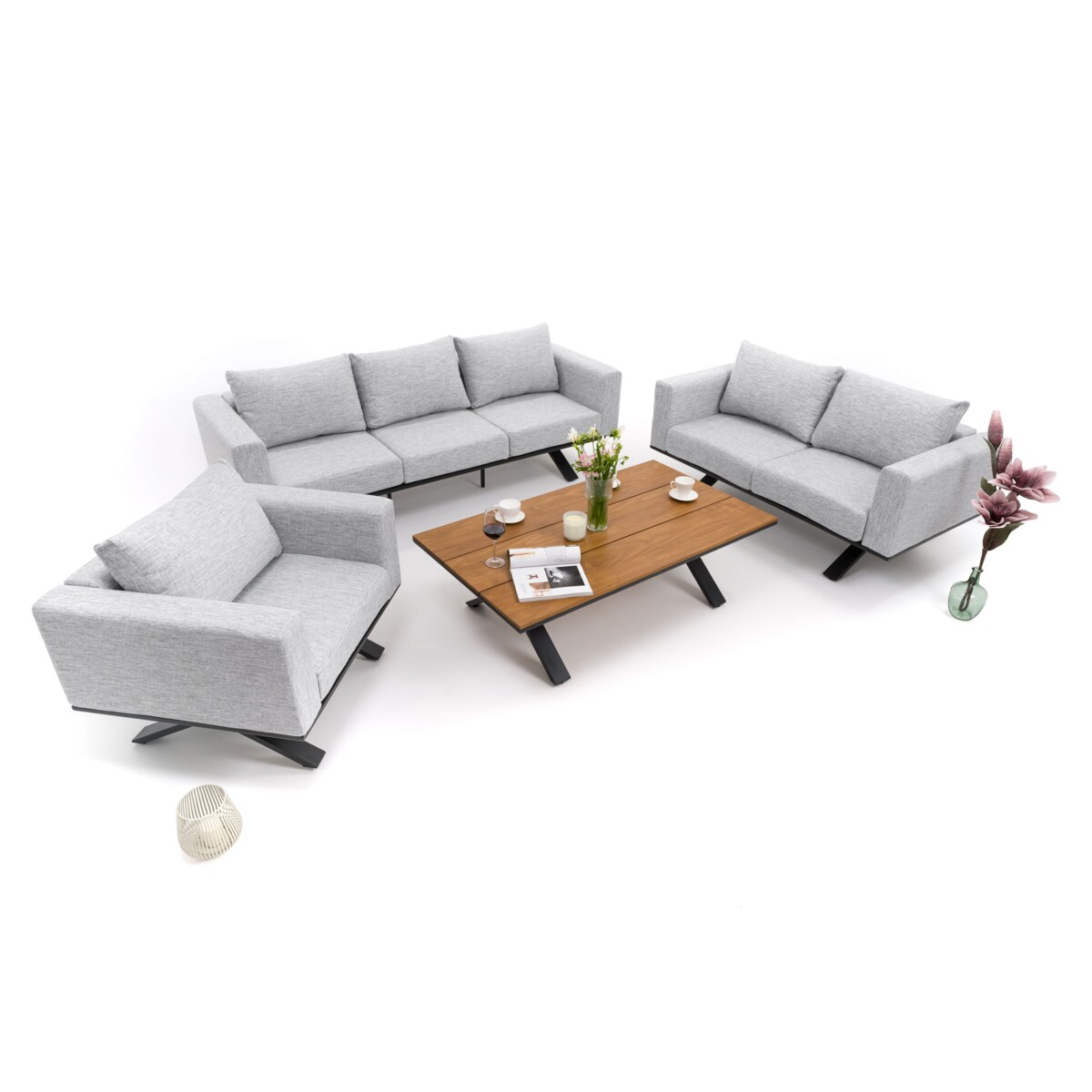 Meble ogrodowe nowoczesne luksusowe aluminiowe MARABELLA szaro drewniane