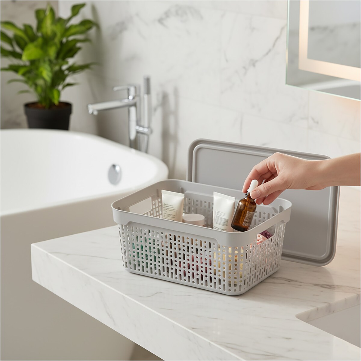 Koszyk Koszyczek Ażurowy L Plastikowy Na Kosmetyki Do Łazienki Pojemnik Z Pokrywką Zamykany Z Dziurkami Jasnoszary