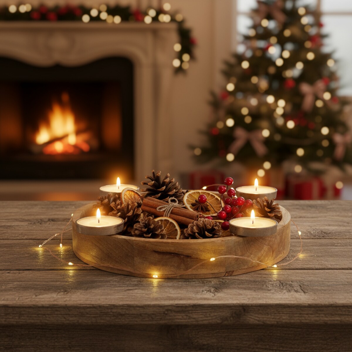 Świecznik z drewna mango Ø 40 cm, czteroramienny