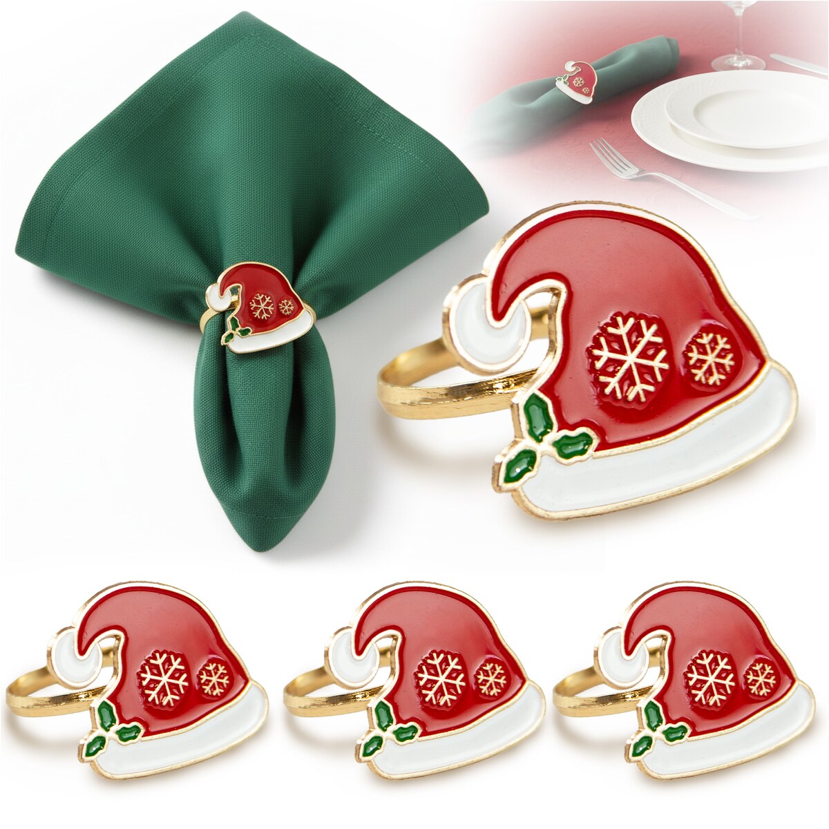 Obrączki Na Serwetki Klamry Pierścienie Do Serwetek Zestaw 4 Szt Wzór Czapka Mikołaj