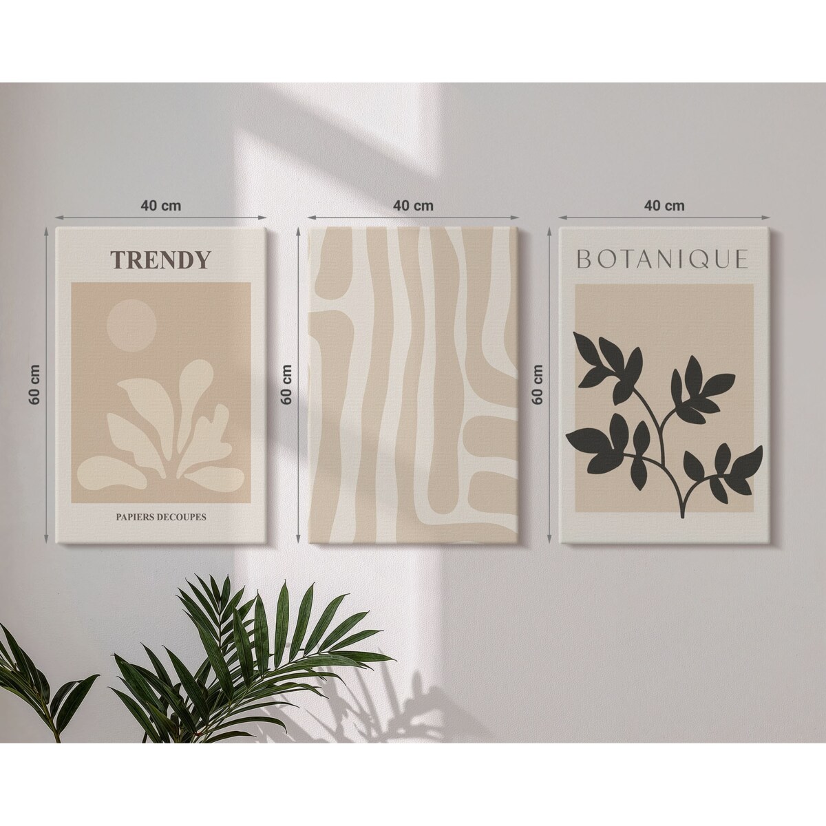 Zestaw 3 dużych obrazów na płótnie - Stylowe roślinne wzory beż czarny - beżowy