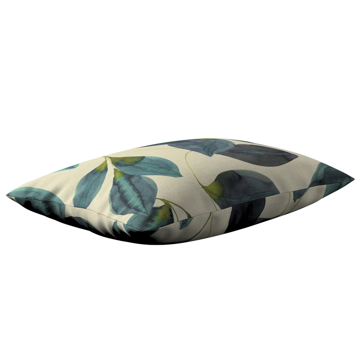 Poszewka Kinga na poduszkę prostokątną 60x40 liście w kolorze szmaragdowej zieleni z fioletem na lnianym tle