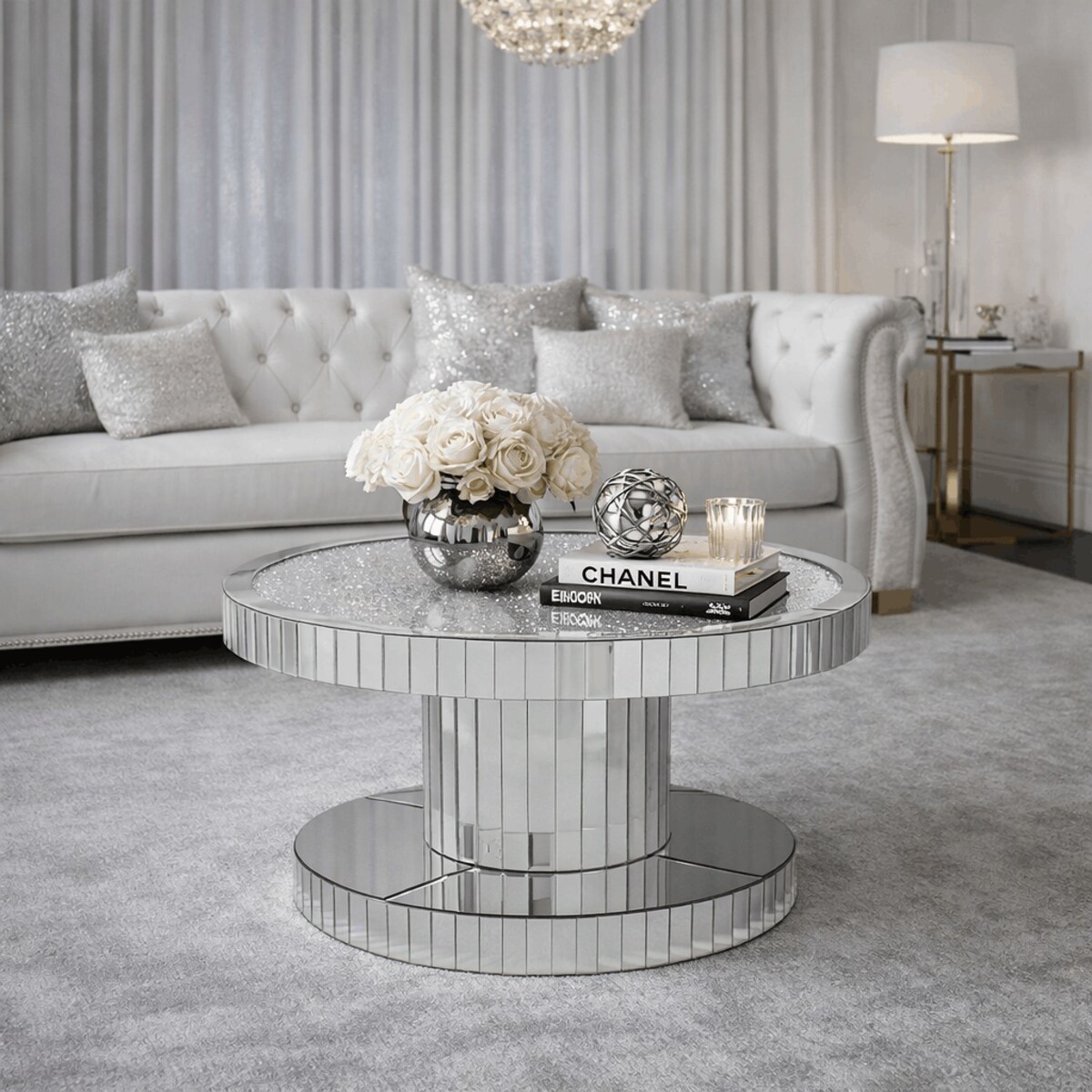 Szklany stolik kawowy glamour lustrzany 80×80×45 cm - z kryształkami