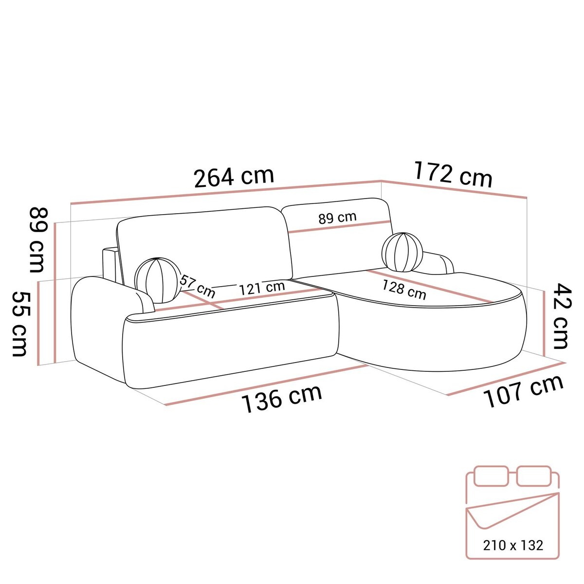 Zaokrąglony narożnik CLEO II z funkcją spania, wersja prawa, Poso 145