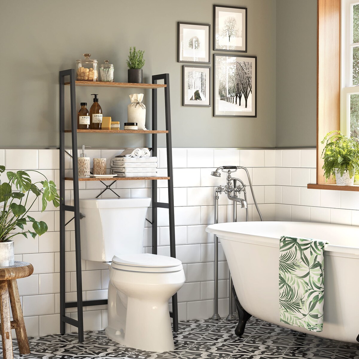 Regał Łazienkowy Nad Toaletę 64X30X156 Cm Rustykalny Brąz, Czarny