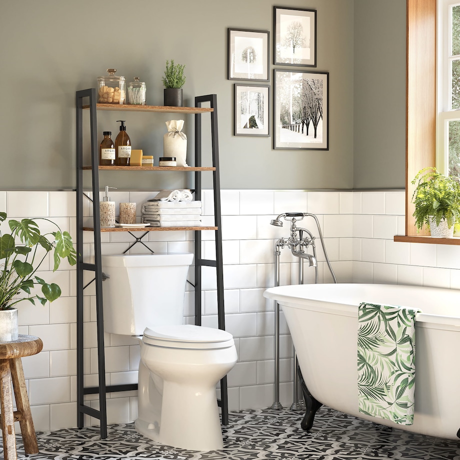 Regał Łazienkowy Nad Toaletę 64X30X156 Cm Rustykalny Brąz, Czarny