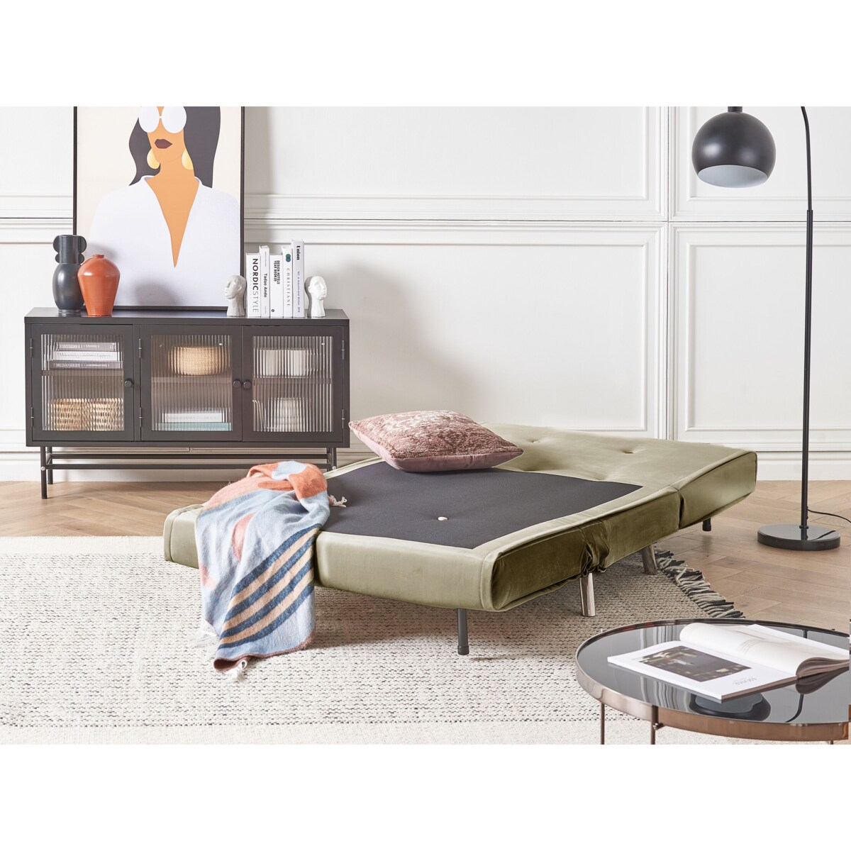 Sofa rozkładana welurowa jednoosobowa zielona oliwkowa FARRIS