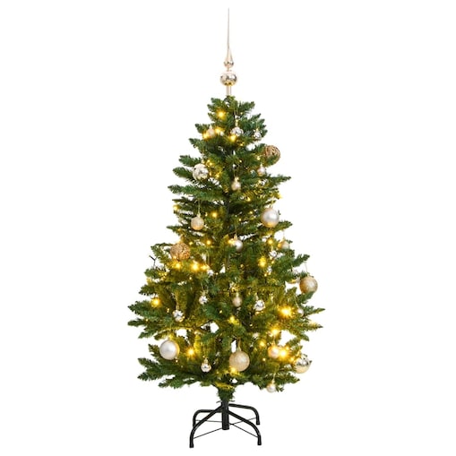 vidaXL Sztuczna choinka na zawiasach, 150 lampek LED i bombki, 120 cm