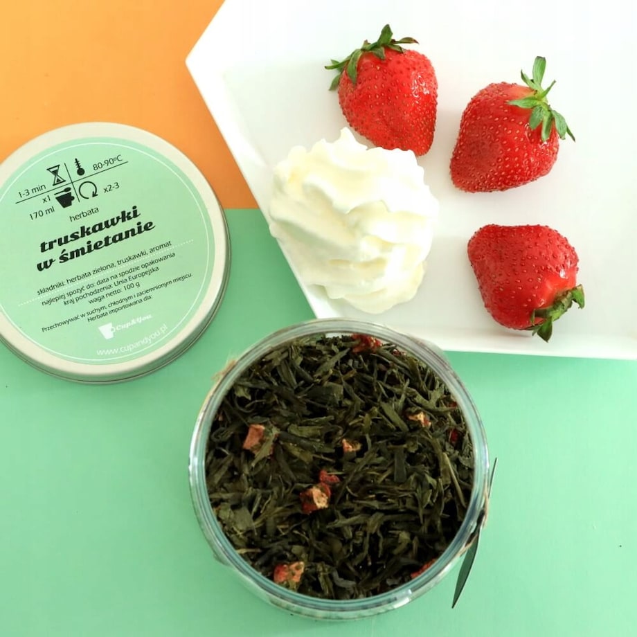 Herbata zielona TRUSKAWKI W ŚMIETANIE o mocno truskawkowym smaku PREMIUM - herbata liściasta sypana mieszanka napar susz - gotowa na prezent upominek