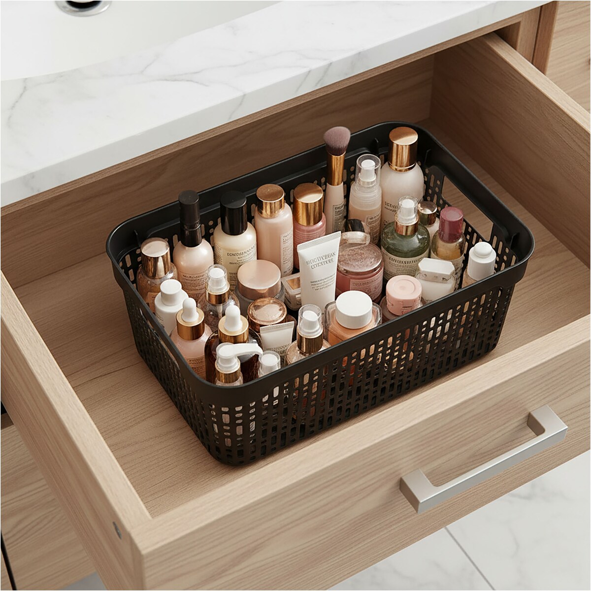 Koszyk Koszyczek Ażurowy XL Plastikowy Na Kosmetyki Do Łazienki Pojemnik Z Pokrywką Zamykany Z Dziurkami Czarny