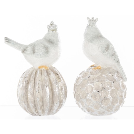 Dekoracja - 2 ptaszki w koronach siedzących na bombkach 16,5x8,5 cm SILVER