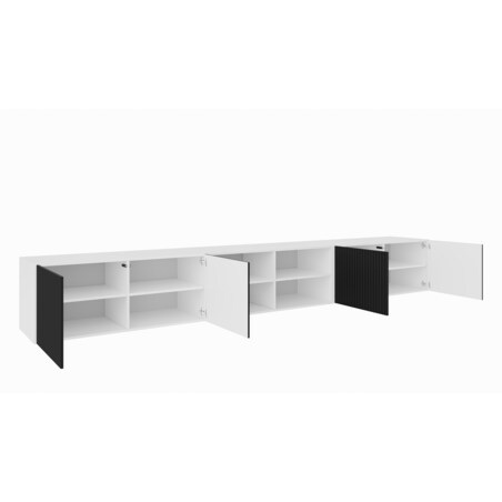 Szafka RTV NOELI 300 otwarta z półkami do salonu, ryflowana-biała+czerny