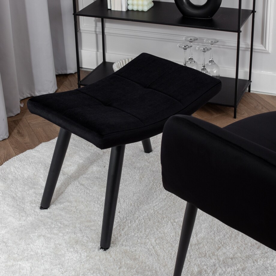 Fotel uszak z podnóżkiem do salonu wypoczynkowy welurowy tapicerowany czarny