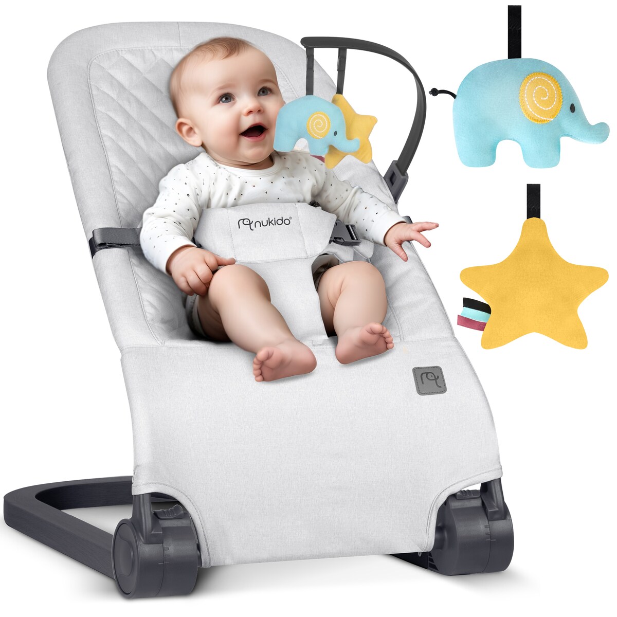 Leżaczek bujany z zabawkami składany bujaczek kołyska Nukido