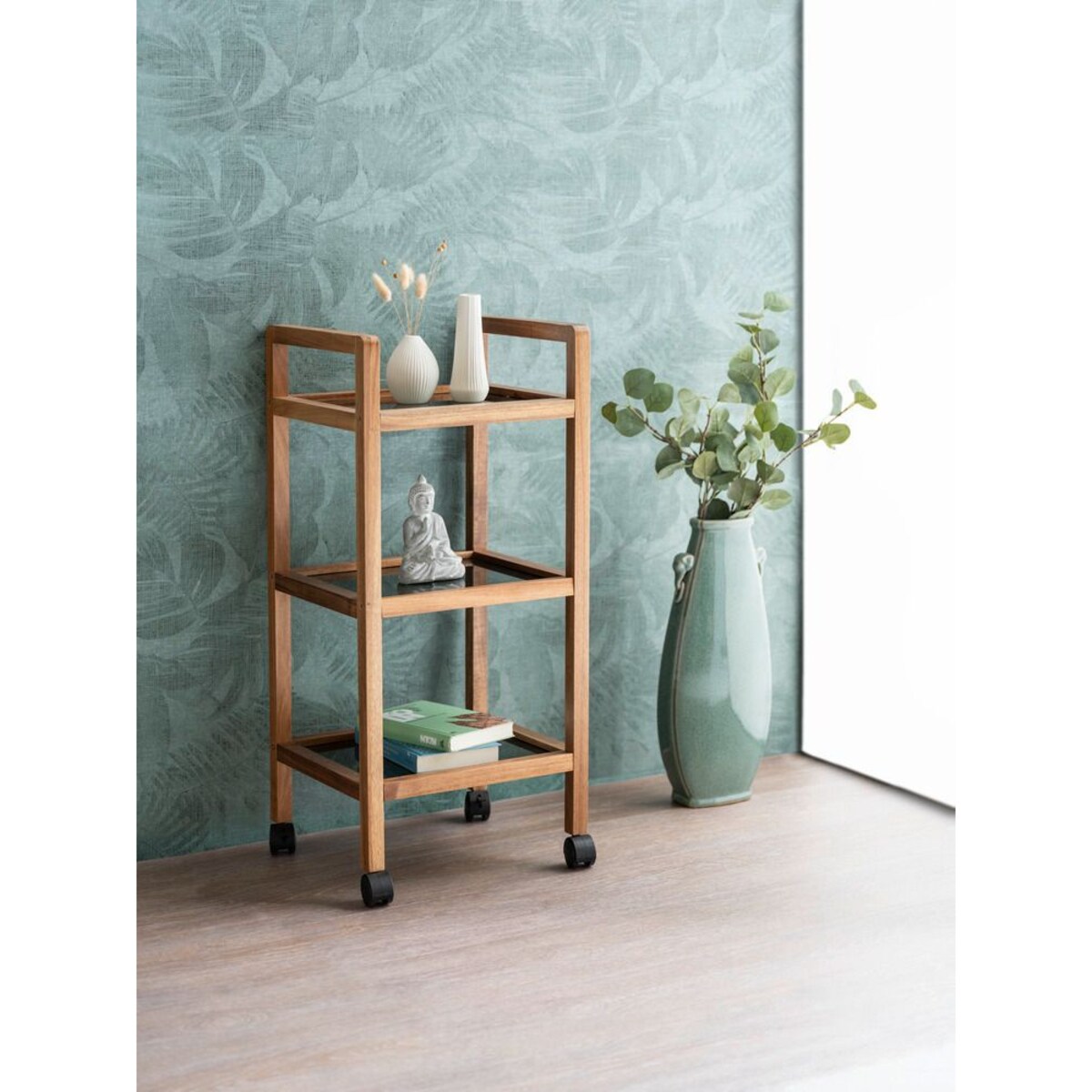 Mobilny regał z drewna akacji FONDI, 3 poziomy, wys. 76,5 cm