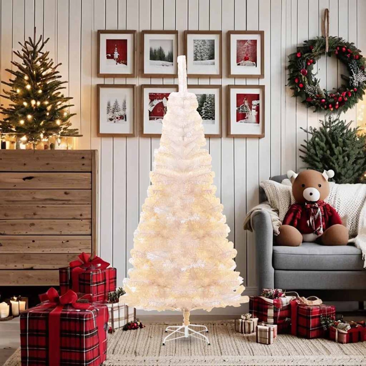 vidaXL Sztuczna choinka z opalizującymi końcówkami, biała, 180 cm, PVC