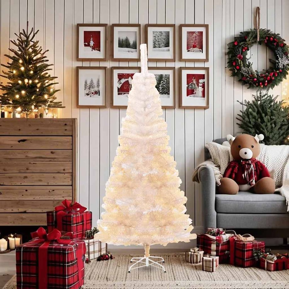 vidaXL Sztuczna choinka z opalizującymi końcówkami, biała, 180 cm, PVC