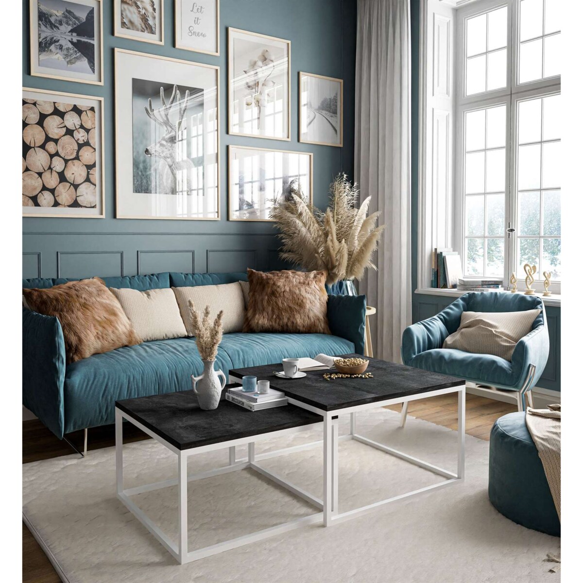 Stolik kawowy ława YOSHI 2w1 biały ciemny beton 40/46 cm