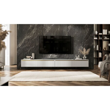 Wisząca Szafka RTV Glamour Komoda RTV Biały Mat 280 cm ryflowane fronty