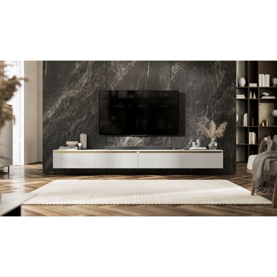 Wisząca Szafka RTV Glamour Komoda RTV Biały Mat 280 cm ryflowane fronty