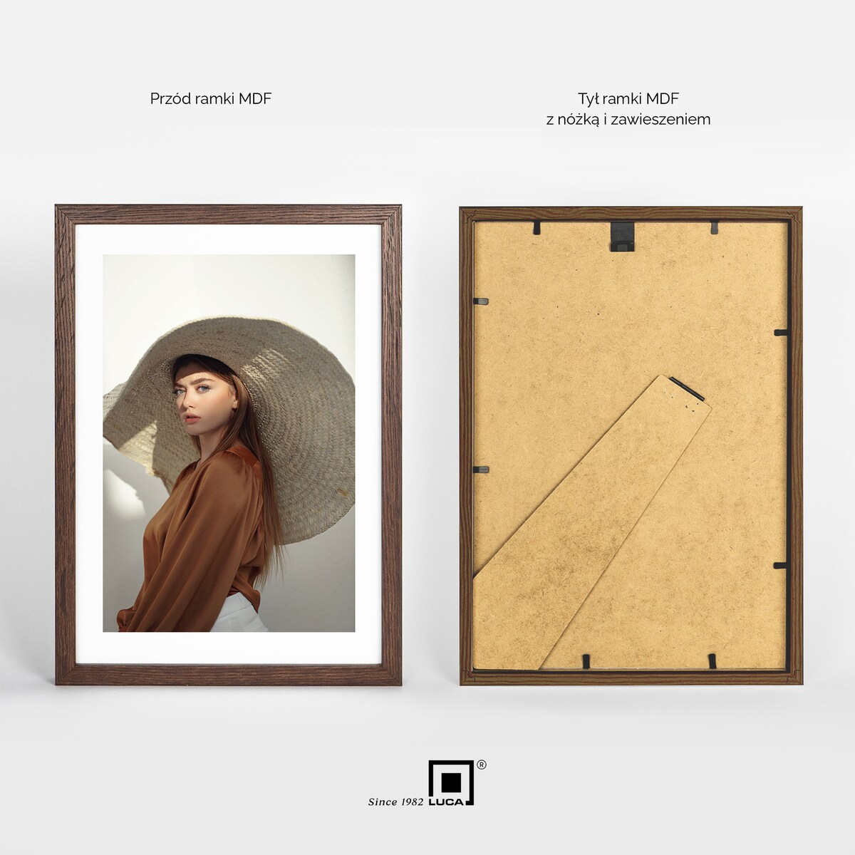 Brązowa ciemna ramka na zdjęcia 21x30 cm A4 rama MDF z plexi klasyczna ramka zawieszka stopka