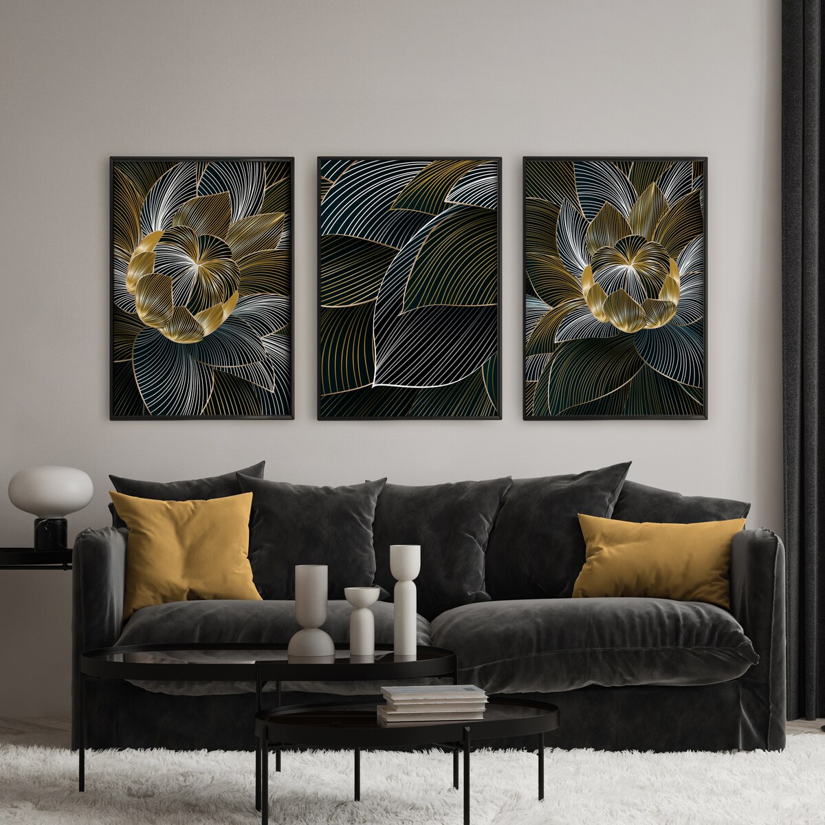 ZESTAW 3X PLAKAT W RAMIE ABSTRAKCJA KWIATY LOTOSU STYL GLAMOUR NATURA 60x80cm