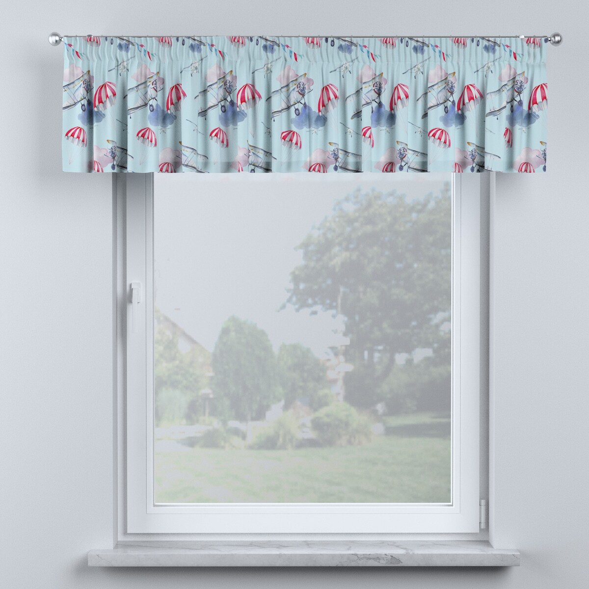 Lambrekin na taśmie marszczącej 130x40 niebiesko-różowy