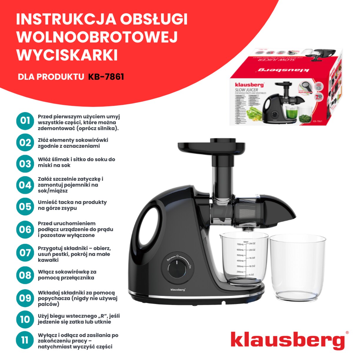 Sokowirówka wolnoobrotowa 150W do owoców i warzyw COLD PRESS KLAUSBERG KB-7861