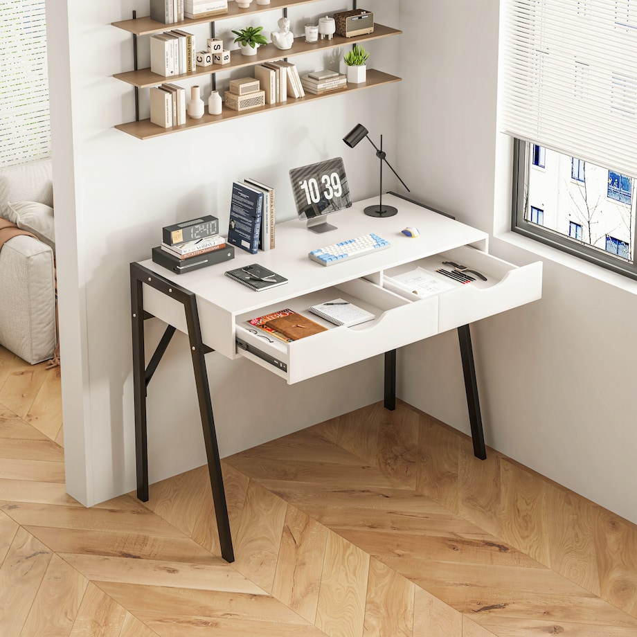 Biurko nowoczesne z szufladami loft białe na czarnych nogach premium 80 cm