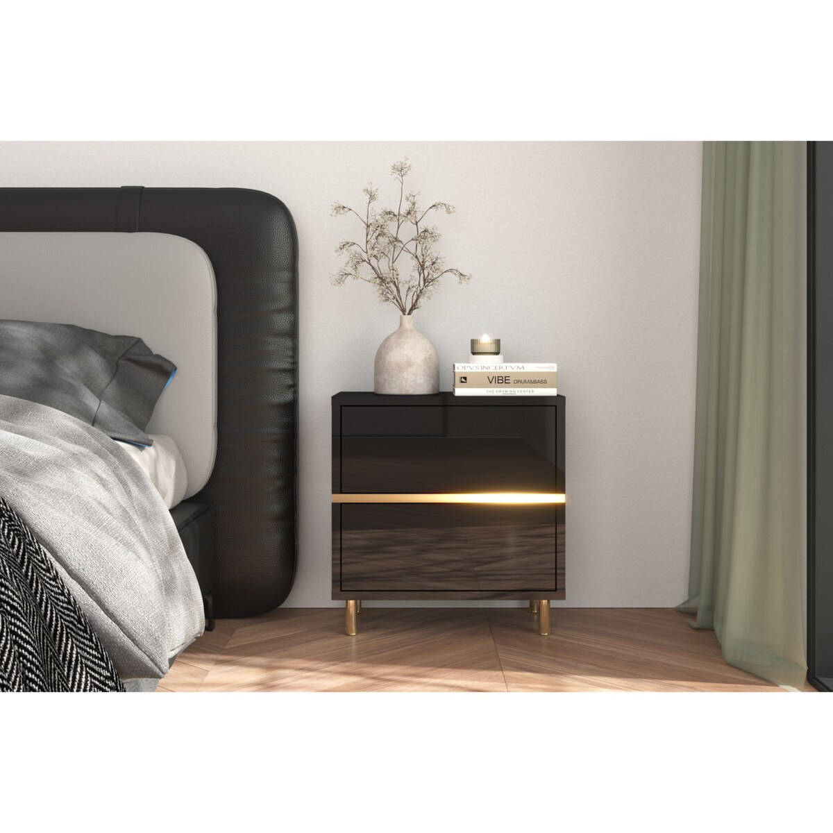 Elegancka czarna szafka nocna Dancan MARIKA ze złotymi dodatkami