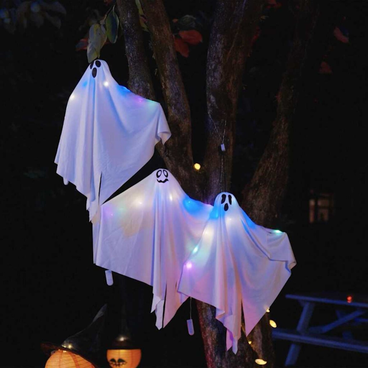 vidaXL Zawieszany Duch Halloween z 3 diodami LED 3 pcs Biały Poliester