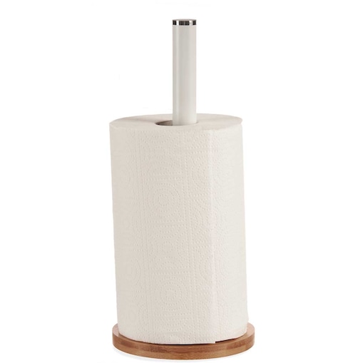 Stojak na ręcznik papierowy, biały, bambusowa podstawa