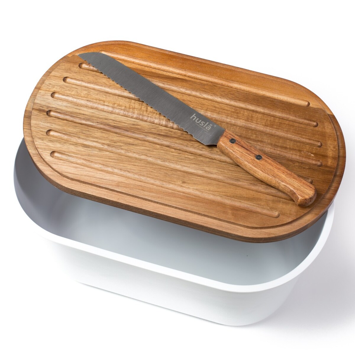 Plastikowy chlebak z deską do krojenia oraz nożem HUSLA
