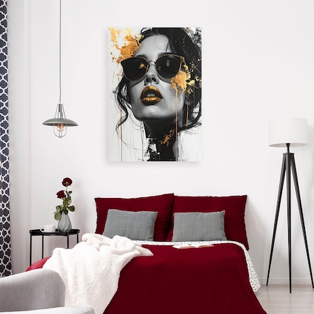 Obraz na płótnie do salonu sypialni, Kobieta Glamour Złoto Nowoczesny Portret Czarno Biały 70x100 cm