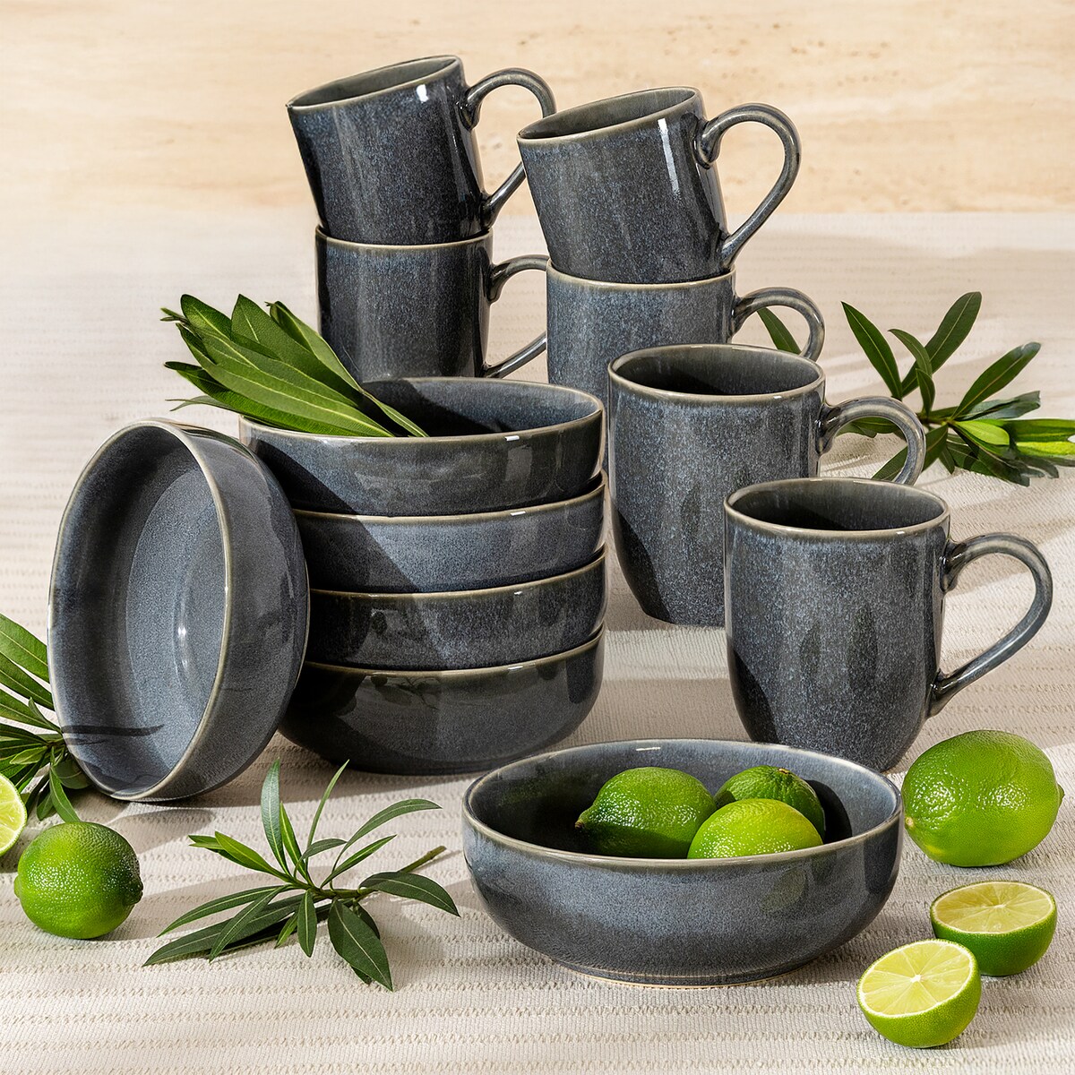 EDA Zestaw śniadaniowy 6 os. (12 el.), niebieski/szary/beżowy