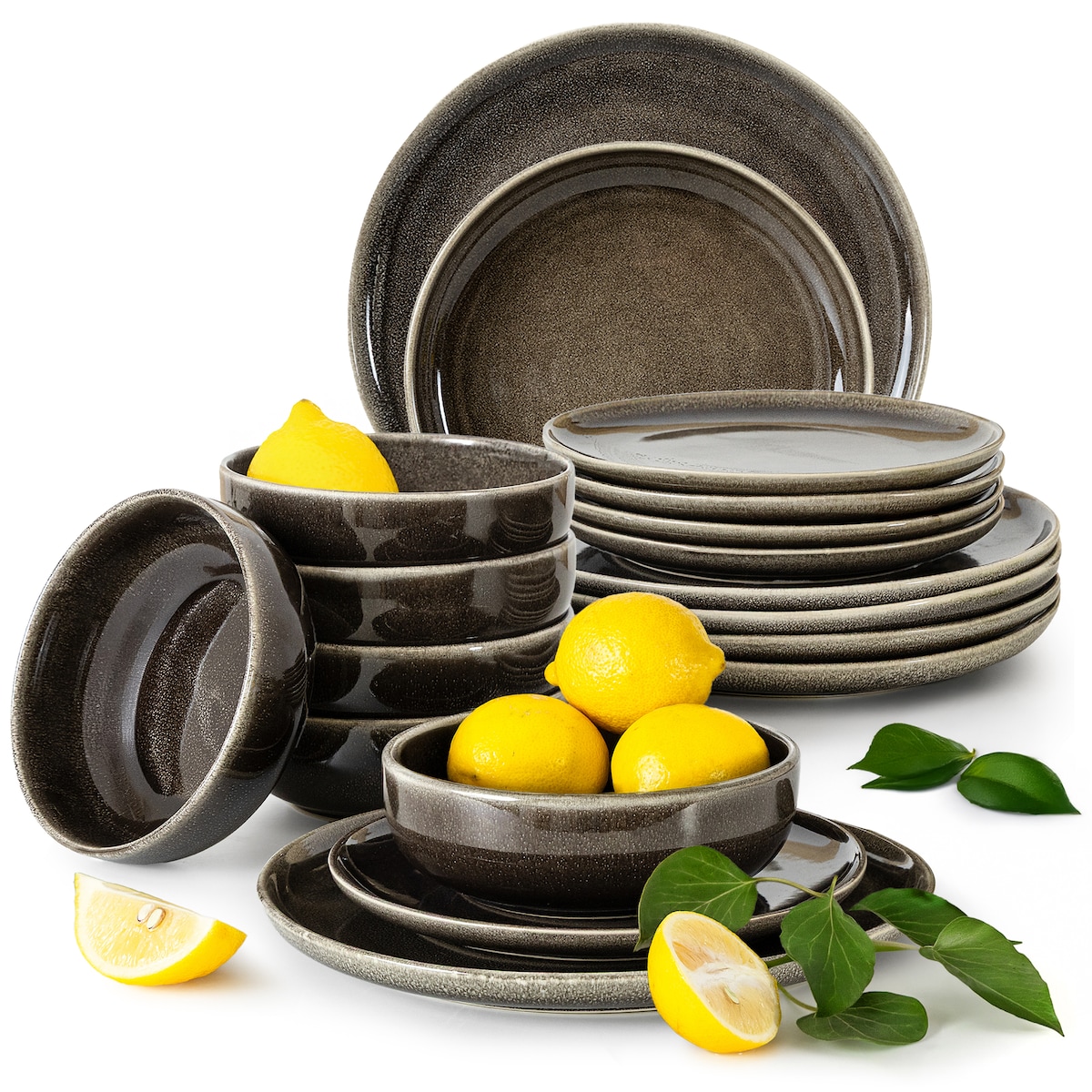 EDA Zestaw obiadowy 6 os. (18 el.), brązowy/szary/beżowy