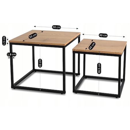 Stolik Kawowy Kwadratowy Zestaw 2w1 Ława Loft Czarny Dąb Złoty CARMI